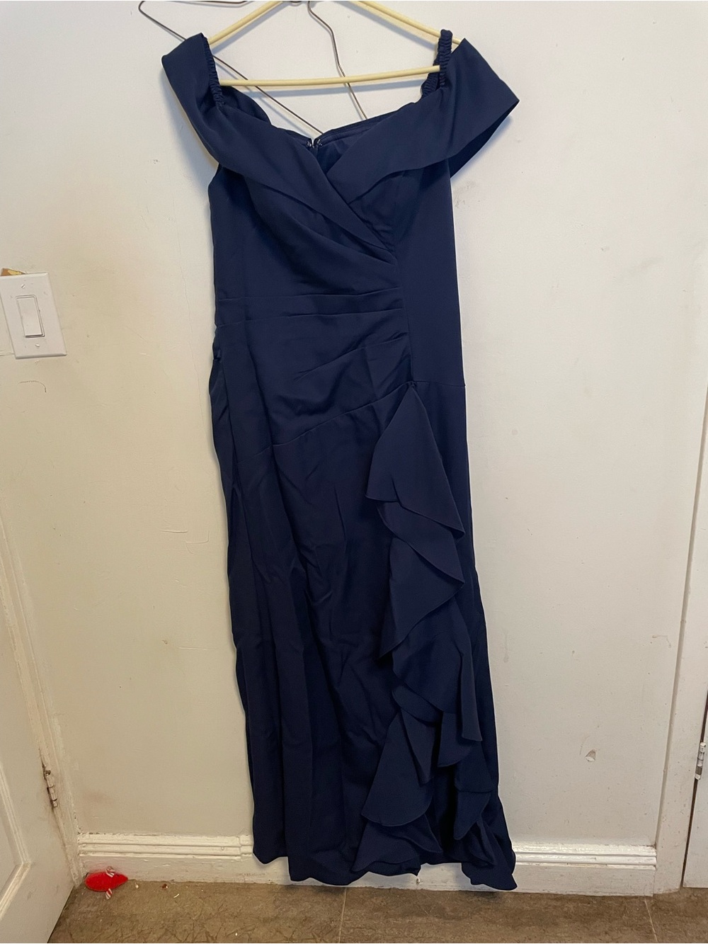 Off-Shoulder Navy Ruffle Formal Gown